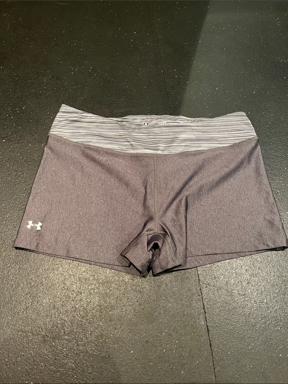 Under Armour Women's Heather Charcoal Workout Shorts with Striped Waistband